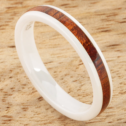 4mm Natural Hawaiian Koa Wood Inlaid High Tech White Ceramic Barrel Wedding Ring