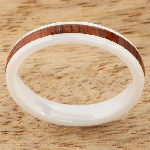 4mm Natural Hawaiian Koa Wood Inlaid High Tech White Ceramic Barrel Wedding Ring