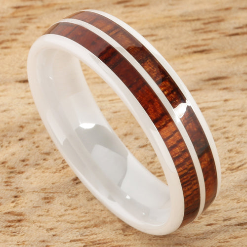 6mm Natural Hawaiian Koa Wood Inlaid High Tech White Ceramic Double Row Wedding Ring