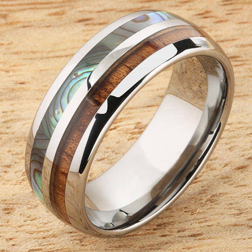 Koa Wood Abalone Tungsten Two Tone Mens Wedding Ring Half Wood/Shell 8mm Barrel Shape Hawaiian Ring