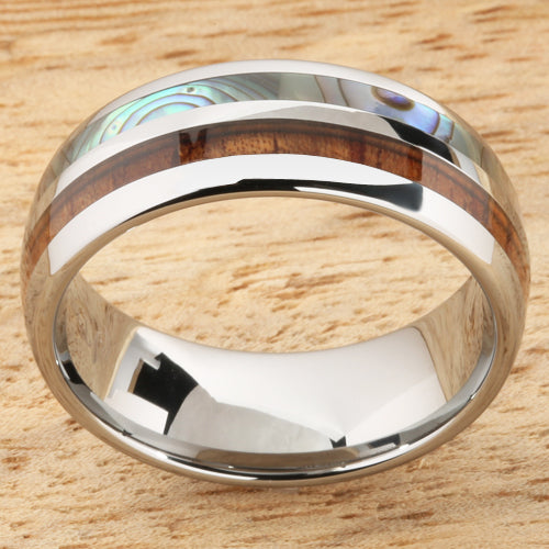 Koa Wood Abalone Tungsten Two Tone Mens Wedding Ring Half Wood/Shell 8mm Barrel Shape Hawaiian Ring