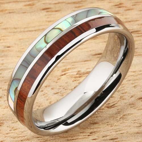 Koa Wood Abalone Tungsten Two Tone Wedding Ring Half Wood/Shell 6mm Barrel Shape Hawaiian Ring