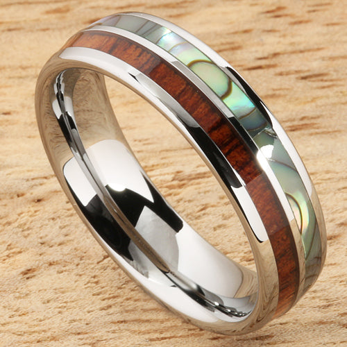 Koa Wood Abalone Tungsten Two Tone Wedding Ring Half Wood/Shell 6mm Barrel Shape Hawaiian Ring
