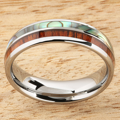 Koa Wood Abalone Tungsten Two Tone Wedding Ring Half Wood/Shell 6mm Barrel Shape Hawaiian Ring