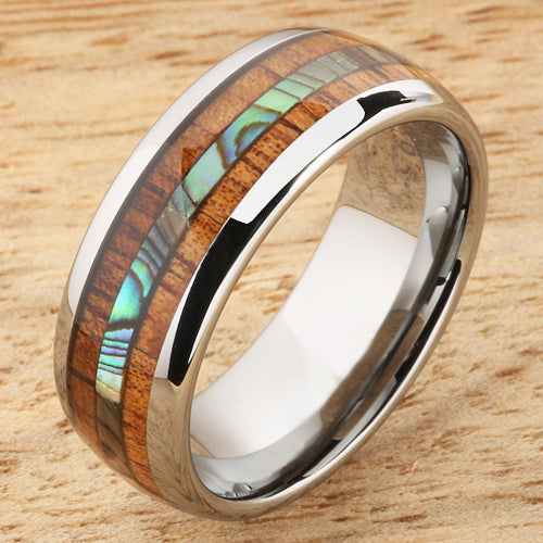 Koa Wood Abalone Tungsten Two Tone Wedding Ring Central Abalone 8mm