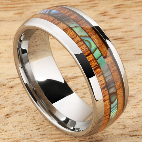 Koa Wood Abalone Tungsten Two Tone Wedding Ring Central Abalone 8mm