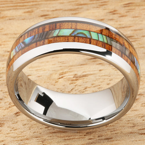 Koa Wood Abalone Tungsten Two Tone Wedding Ring Central Abalone 8mm