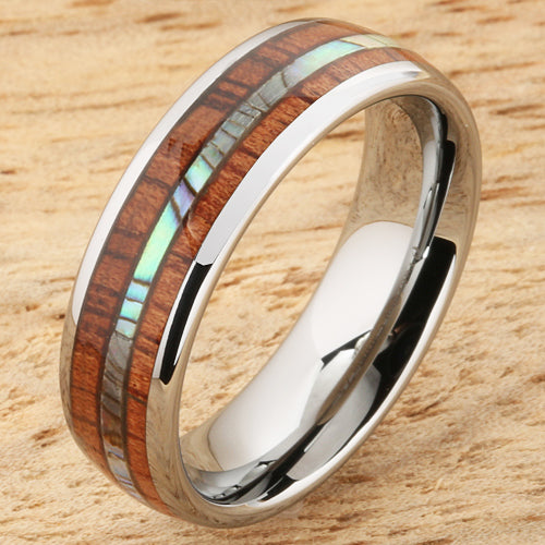 Koa Wood Abalone Tungsten Wedding Ring Central Abalone 6mm Barrel Shape Hawaiian Ring