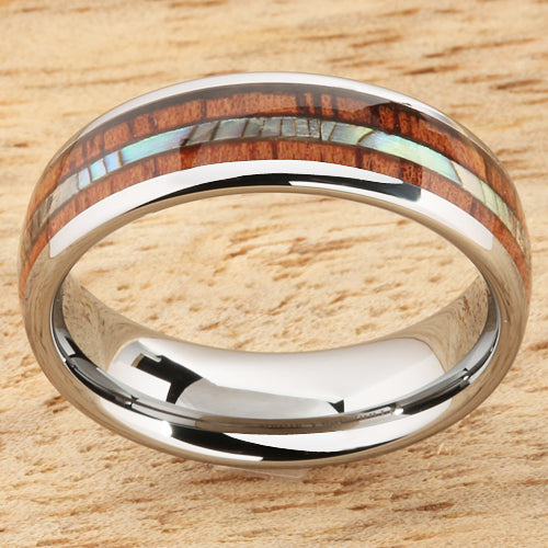 Koa Wood Abalone Tungsten Wedding Ring Central Abalone 6mm Barrel Shape Hawaiian Ring