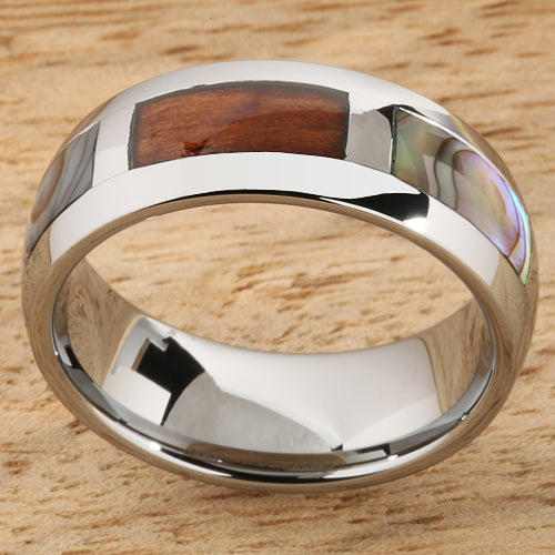8mm Natural Hawaiian Koa Wood and Abalone Inlaid Tungsten Block Wedding Ring