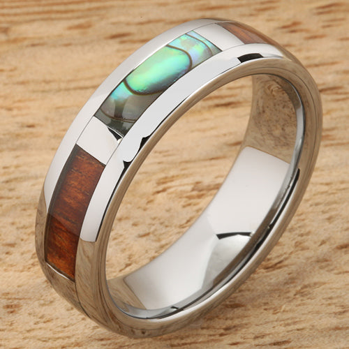 6mm Natural Hawaiian Koa Wood and Abalone Inlaid Tungsten Block Wedding Ring