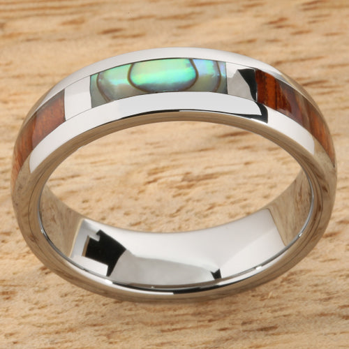 6mm Natural Hawaiian Koa Wood and Abalone Inlaid Tungsten Block Wedding Ring