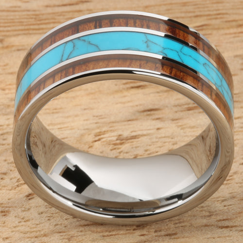 Koa Wood Turquoise Wedding Ring Flat Mens Ring 10mm Flat Shape Hawaiian Ring