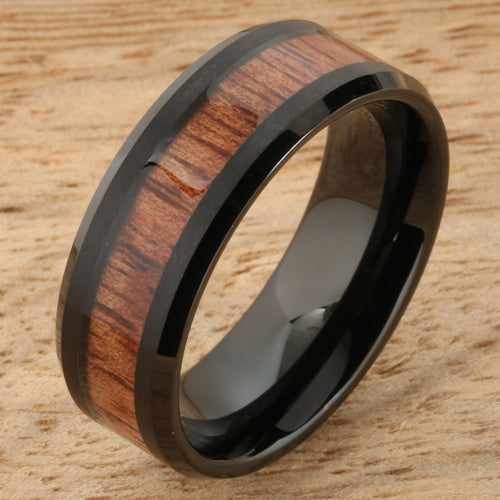 8mm Natural Hawaiian Koa Wood Inlaid Tungsten Beveled Edge Wedding Ring Iron Plated Black