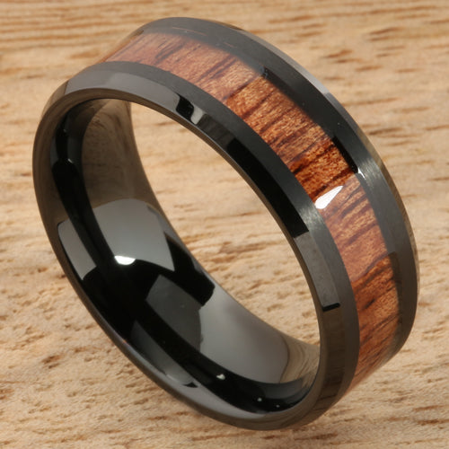 8mm Natural Hawaiian Koa Wood Inlaid Tungsten Beveled Edge Wedding Ring Iron Plated Black