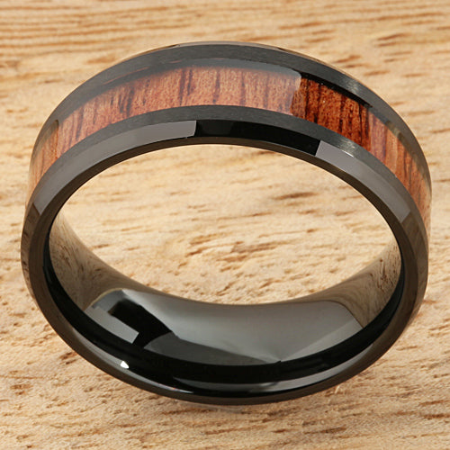8mm Natural Hawaiian Koa Wood Inlaid Tungsten Beveled Edge Wedding Ring Iron Plated Black