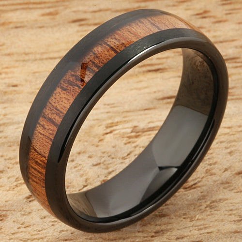 Black Tungsten Natural Hawaiian Koa Wood Wedding Ring Barrel Shape 6mm Hawaiian Ring