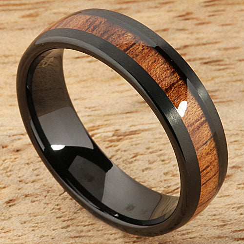 Black Tungsten Natural Hawaiian Koa Wood Wedding Ring Barrel Shape 6mm Hawaiian Ring