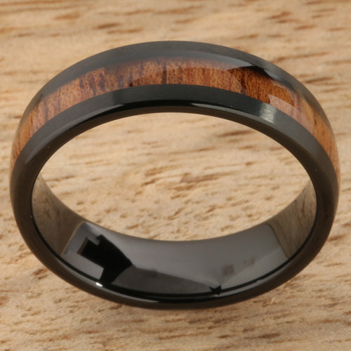 Black Tungsten Natural Hawaiian Koa Wood Wedding Ring Barrel Shape 6mm Hawaiian Ring