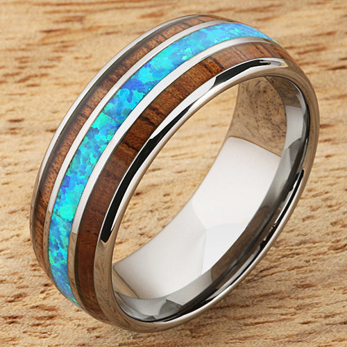 Koa Wood Opal Tungsten Wedding Ring 8mm Triple Row Men's Ring