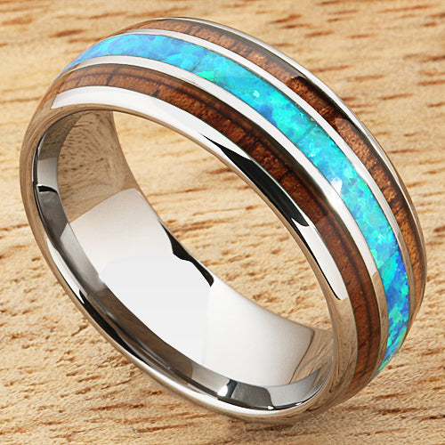 Koa Wood Opal Tungsten Wedding Ring 8mm Triple Row Men's Ring