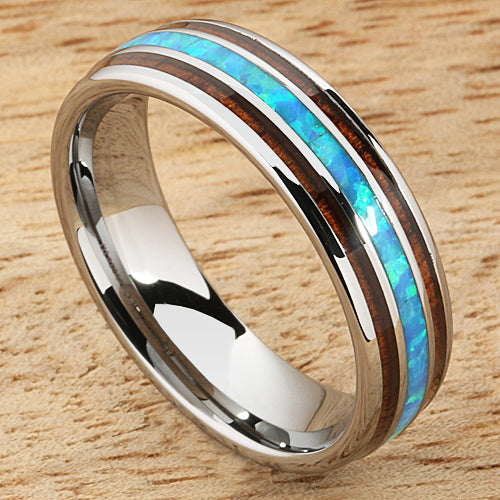 Koa Wood Opal Tungsten Wedding Ring Center/Opal 6mm Barrel Shape Hawaiian Ring