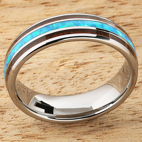 Koa Wood Opal Tungsten Wedding Ring Center/Opal 6mm Barrel Shape Hawaiian Ring