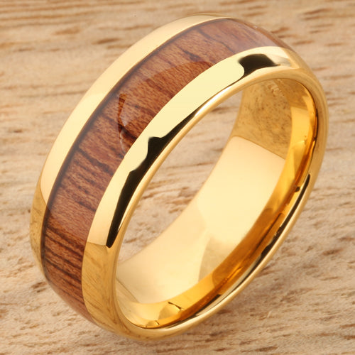 8mm Natural Hawaiian Koa Wood Inlaid Tungsten Oval Wedding Ring Yellow Gold Plated