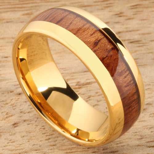 8mm Natural Hawaiian Koa Wood Inlaid Tungsten Oval Wedding Ring Yellow Gold Plated