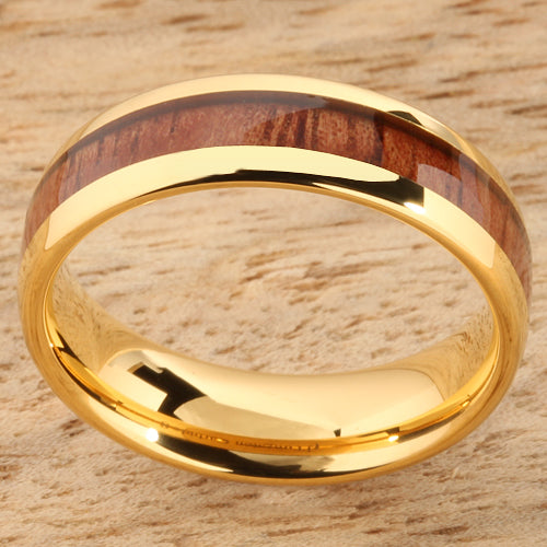 6mm Natural Hawaiian Koa Wood Inlaid Tungsten Oval Wedding Ring Yellow Gold Plated