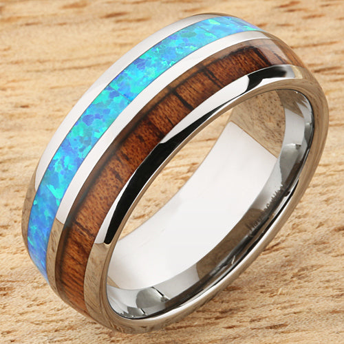 Opal Koa wood Ring Tungsten Two Tone Mens Wedding Ring Half Wood/Opal 8mm Barrel Shape Hawaiian Ring