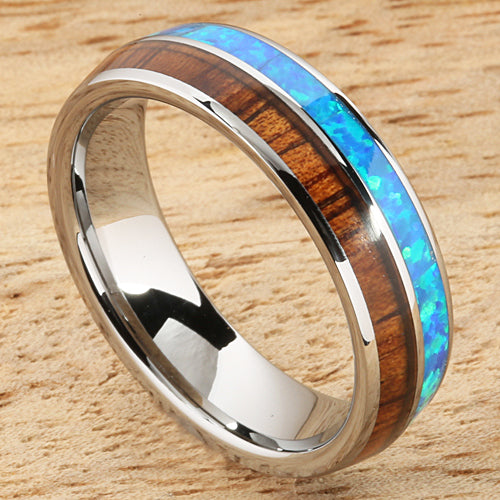 Koa Wood Opal Tungsten Two Tone Wedding Ring Half Wood/Opal 6mm Barrel Shape Hawaiian Ring