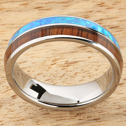 Koa Wood Opal Tungsten Two Tone Wedding Ring Half Wood/Opal 6mm Barrel Shape Hawaiian Ring