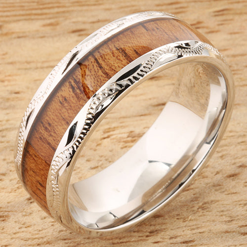 Sterling Silver Koa Wood Wedding Ring Hand-made Scroll Engraving 8mm