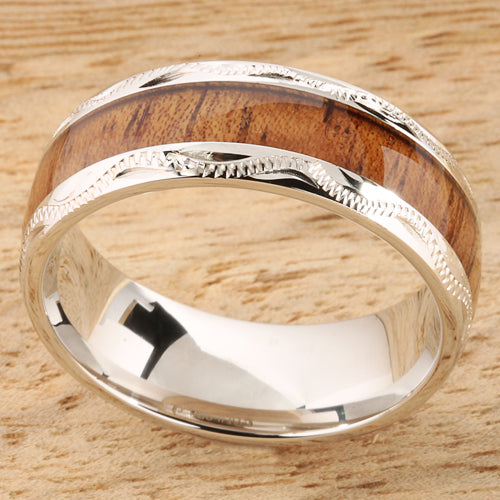 Sterling Silver Koa Wood Wedding Ring Hand-made Scroll Engraving 8mm