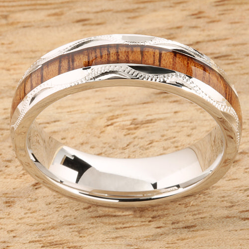 Sterling Silver Koa Wood Wedding Ring Hand-made Scroll Engraving 6mm