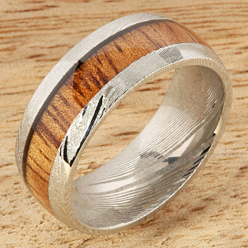 Koa Wood Inlay Damascus Wedding Ring 8mm
