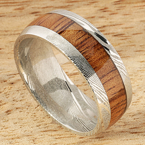 Koa Wood Inlay Damascus Wedding Ring 8mm