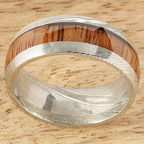 Koa Wood Inlay Damascus Wedding Ring 8mm