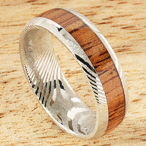 Damascus Steel Koa Wood Inlay Wedding Ring 6mm