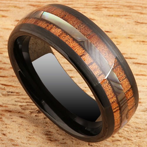 Koa Wood Abalone Tungsten Two Tone Wedding Ring Central Abalone 8mm