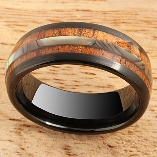 Koa Wood Abalone Tungsten Two Tone Wedding Ring Central Abalone 8mm