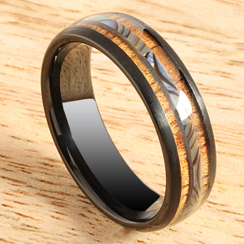 Koa Wood Abalone Tungsten Wedding Ring Central Abalone 6mm Barrel Shape Hawaiian Ring