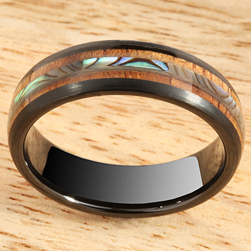Koa Wood Abalone Tungsten Wedding Ring Central Abalone 6mm Barrel Shape Hawaiian Ring