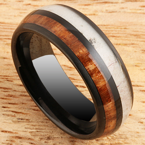 Koa Wood Antler Tungsten Two Tone Wedding Ring 8mm