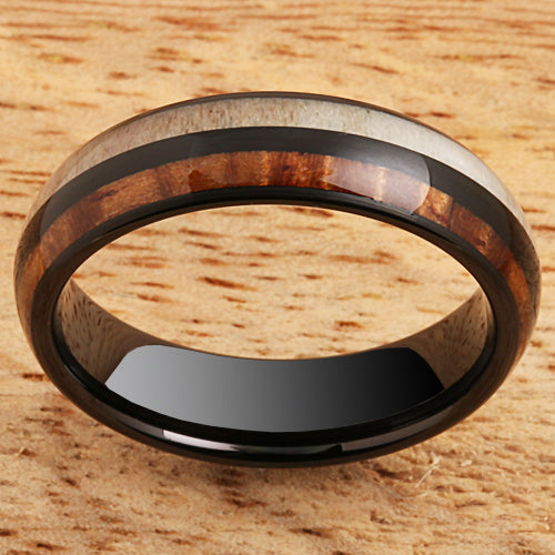 Koa Wood Antler Tungsten Wedding Ring 6mm Barrel Shape Hawaiian Ring
