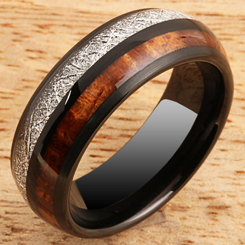 Koa Wood Meteorite Tungsten Two Tone Wedding Ring 8mm
