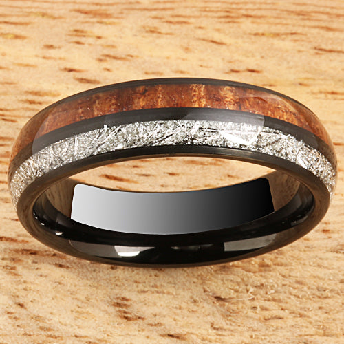 Koa Wood Meteorite Tungsten Wedding Ring 6mm Barrel Shape Hawaiian Ring
