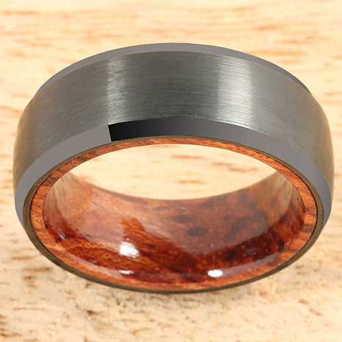 Black Tungsten Koa Wood Double Ring Brush Finished Beveled Edge 8mm - Nakoa Jeweler