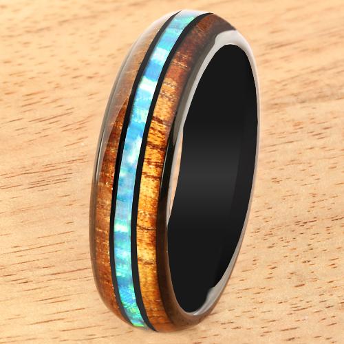 Black Tungsten Opal Koa Wood Ring Barrel Shape 6mm Band - Hanalei Jeweler
